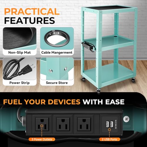 Auto Dynasty Adjustable AV Cart w/Power Strip, 4 ft Rolling Stand, Blue - color: Blue
