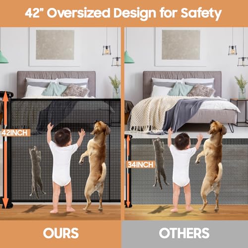 Retractable Baby Gates - 200" Extra Wide Retractable Dog Gate, 42" Extra Tall Mesh Gate Pet Gate with Support Rods, Long Child Safety Gate for Stairs Doorways Indoor Outdoor Large Openings - Black - color: Black, size: 42" Tall x 200" Wide