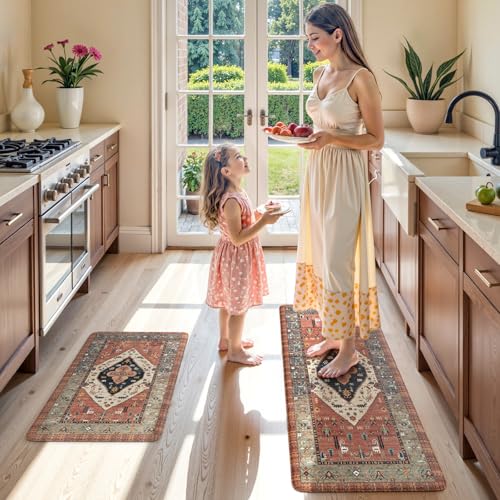 KIMODE Farmhouse Kitchen Mats, Anti Fatigue Kitchen Rugs Sets of 2 Red - color: Red Floral, size: 17.3" x 47 "+ 17.3" x 29 "--0.47 inches