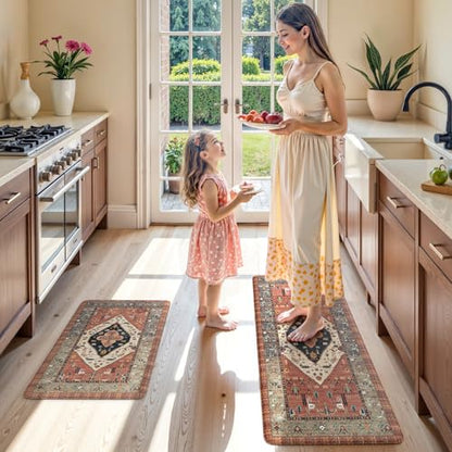 KIMODE Farmhouse Kitchen Mats, Anti Fatigue Kitchen Rugs Sets of 2 Red - color: Red Floral, size: 17.3" x 47 "+ 17.3" x 29 "--0.47 inches