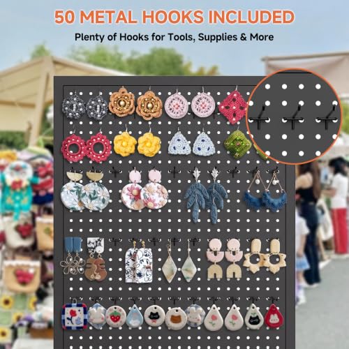 Peg Board Display Stand with Wheels,50 Hooks,2'x 5.5' - Black - color: Black