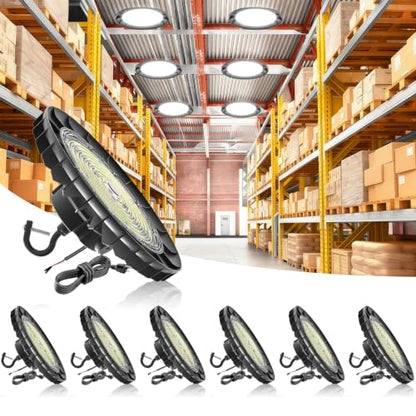 UFO LED High Bay Light, 150W 24,000LM, 1-10V Dimmable, Flicker-Free, 6 Pack - size: Dia. 9.84"-150W