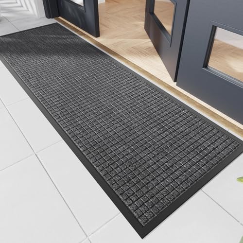 Durable Front Door Mat, 72" x 24" Heavy Duty Indoor Outdoor Doormat for Entryway, Non-Slip Rubber Backing, Stain and Fade Resistant Commercial Floor Mat for Home Office Entry - color: Gary-squares, size: 2' x 6' (Rectangular)
