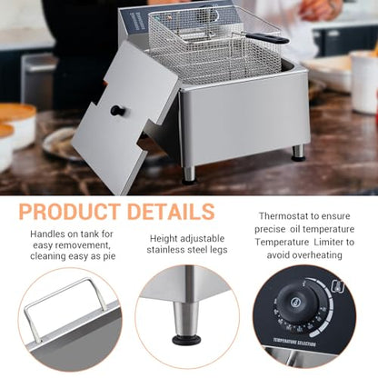 Commercial Electric Deep Fryer, 11L(11.55Qt) Single Removable Basket and Lid Stainless Steel Fast Heat Up Electric Countertop Fryer for Home and Commercial Restaurant Use, 201SS - size: 11L 201