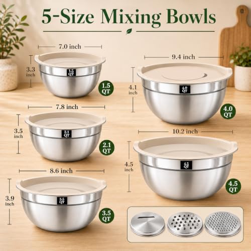 8PCS Stainless Steel Mixing Bowls with Lids - 5PCS Nesting Bowls, 3 Grater Attachments for 4.0 QT Bowl, Stainless Steel Mixing Bowls for Mixing & Serving, Size 1.5/2.1/3.5/4/4.5 QT, Khaki