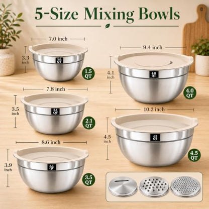 8PCS Stainless Steel Mixing Bowls with Lids - 5PCS Nesting Bowls, 3 Grater Attachments for 4.0 QT Bowl, Stainless Steel Mixing Bowls for Mixing & Serving, Size 1.5/2.1/3.5/4/4.5 QT, Khaki