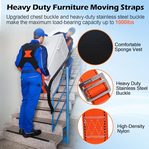 Furniture Moving Straps with Chest Buckle for 2 Movers up to 1000lbs - color: Orange & Black
