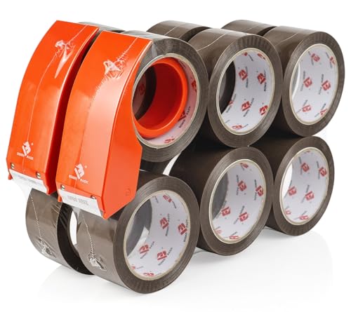BOMEI PACK Heavy Duty Packing Tape with Dispenser, 12 Rolls + 2 Dispensers