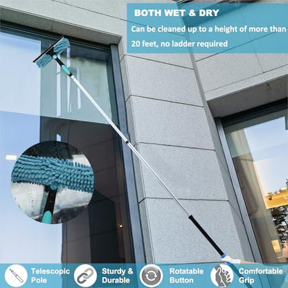 20 Ft+ Reach 2 In 1 Window Squeegee Duster with 5-to-12 Foot Extension Pole, Cleaner Tool with 3-Stage Telescoping Pole, Cleaning Kit with Rotatable Head - Chenille Cloth + Microfibre Cloths Head