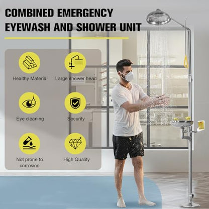 304 Stainless Steel Combination Eye Wash Station and Shower Emergency Shower Eyewash Station Stand Plumbing Eye Washing Unit for Industrial & Commercial & Lab Use