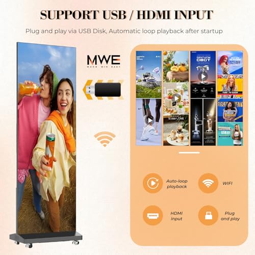 MWE P1.86 LED Poster Screen with Flight Case, 80" LED Digital Signage Display with Publishing System, Foldable Advertising Display Kiosk Video Wall for Events, WiFi/USB/HDMI (2 Panels) - size: 80"-2 Panels