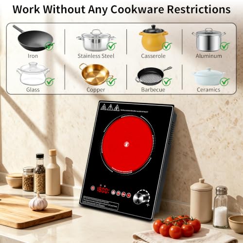Single Burner Electric Cooktop, 1800W Electric Stove Top，portable cooktop with LED Touch Control,10Power Levels, 4H Timer, Safety Lock, single burner cooktop Overheat protection - size: single Electric Cooktop