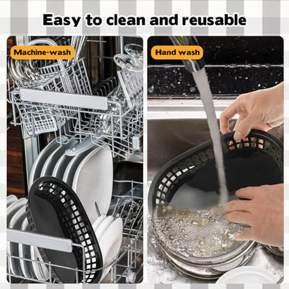 Rainmae Plastic Food Baskets with Parchment Paper Liners, 12 Fast Food Baskets with 100 Deli Paper Sheets, Snacks Basket, Candy Fruits basket, Plastic Baskets, Restaurant Baskets for Food-Retro Style - color: Black(12 Pcs+100 Deli Paper）