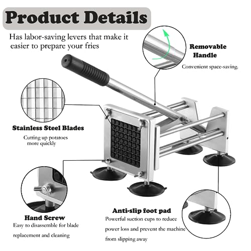 French Fry Cutter，Professional Stainless Steel Potato Cutter， Press Fries with 1/2-Inch and 3/8-Inch Blade Great for Potatoes