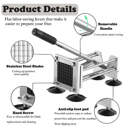 French Fry Cutter，Professional Stainless Steel Potato Cutter， Press Fries with 1/2-Inch and 3/8-Inch Blade Great for Potatoes