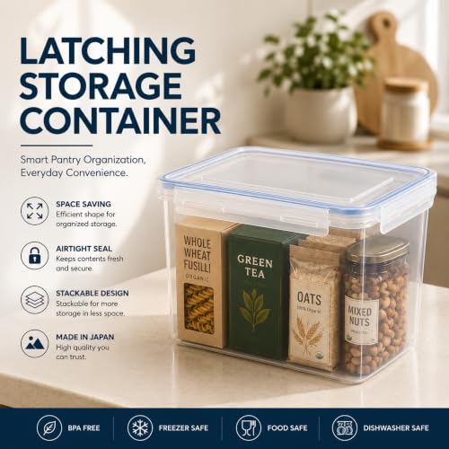 Lustroware Large Food Storage Containers with Lids, Set of 4 Airtight BPA-Free Latching Storage Bins with 4-Side Locking Lids for Rice, Flour, Pet Food and Pantry, Made in Japan