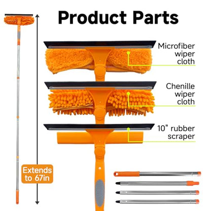 2 in 1 Window Squeegee Cleaner Kit Extension Pole, 67 in, Orange - color: Orange 67 in