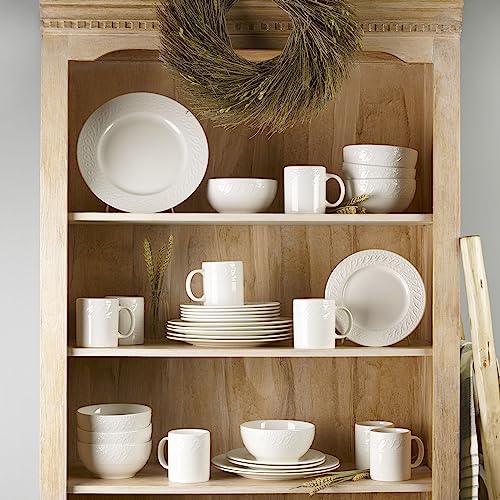Pfaltzgraff Sylvia Dinnerware Set 32-Piece Service for 8 - White Porcelain Dinner Plates, Salad Plates, Soup Bowls and Mugs with Embossed Scrollwork