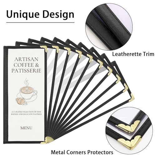 Nicunom 10 Pack Restaurant Menu Covers,4.25" x 11" Clear Menu Holds Double-Stitched Edge Menu Cover 1 Page 2 View Menu Sleeves for Wine Drinks Coffee Bars Restaurant