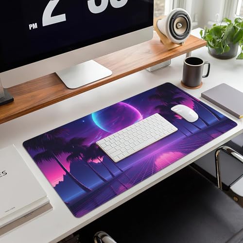 Large Gaming Mouse Pad for Desk,Cool Retrowave Landscape Desk Mat,Science Fiction Scene Desk Pad, Extended Big Computer Keyboard Mouse Pad with Non-Slip Base and Stitched Edge 35.4"x15.7" - color: Cool Retrowave Landscape, size: 15.7" x 35.4"