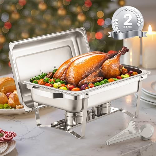 VEVOR Chafing Dish Buffet Set, 2 Pack Stainless Chafer with 2 Full Pans, Rectangle Catering Warmer Server with Lid Water Pan Folding Stand Fuel Tray Holder Clip - color: Silver, size: 2 Pack