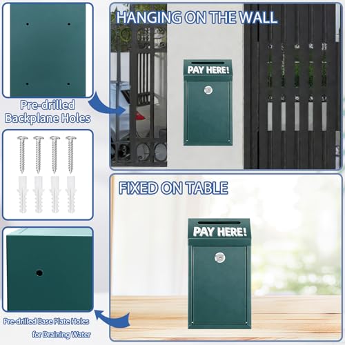 Cash Money Box with Slot – 10.2In Metal Donation Box with Lock for Cash Deposit,Wall Mounted Money Drop with Lock and Slot for Home/Farm/Office/Outdoors(Green) - color: Green