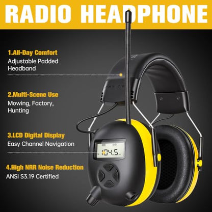 AM/FM Radio Headphones for Mowing, NRR 30dB Hearing Protection - color: Black-Yellow