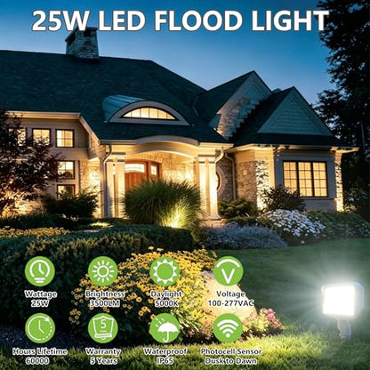 Dusk to Dawn Outdoor 25W LED Flood Light with Knuckle & Plate Mount, 5000K Color Selectable, ETL Commercial LED Security Lighting - size: 25W