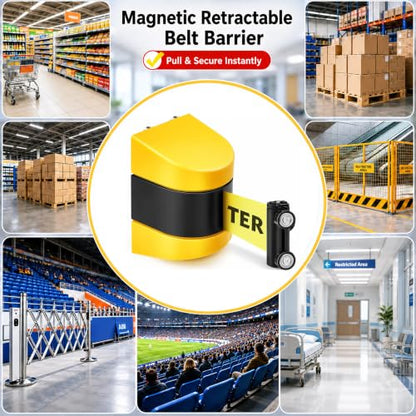 6 Pack Magnetic Retractable Wall Mount Barrier, 16.4 ft Crowd Control Safety High Visibility Caution Belt with Heavy Duty ABS Case for Retail, Stadium, Warehouse & Loading Dock