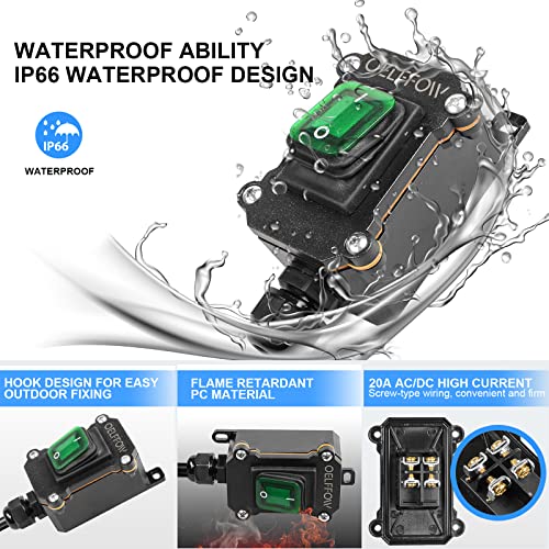 Waterproof On Off Toggle Switch with Green Light Rocker Button Inline Cord Switch DPST AC/DC 20A-125V,16A-250V,30A-24V,35A-12V, IP66 - color: Green/1 Switch/1 Outlet