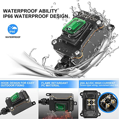 Waterproof On Off Toggle Switch with Green Light Rocker Button Inline Cord Switch DPST AC/DC 20A-125V,16A-250V,30A-24V,35A-12V, IP66 - color: Green/1 Switch/1 Outlet