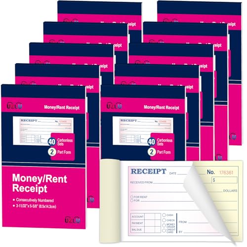 10 Packs Money and Rent Receipt Book, 3-11/32" x 5-5/8" Rent Receipt Books, 2 Part Carbonless for Small Business, Receipt Pad with Consecutive Numbering & Wraparound Cover, 40 Sets per Book - size: 3-11/32" x 5-5/8"-10 PCS, style: Rent Receipt Book Style