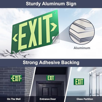 Photoluminescent Exit Sign Aluminum - Adhesive Backing Glow In The Dark - Removable Arrows Included - Pre-drilled Holes - 12x7 Inches - Non Electrical Green Exit Light For 50 Feet Visibility (1 Pack) - color: Green 1 PCS With Pre-drilled Holes