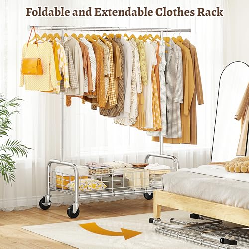 Raybee heavy duty clothes rack with wheels, 485LBS, Bottom Storage Basket - color: Chrome, style: Single Rod