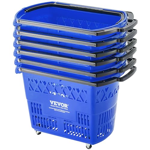 VEVOR Shopping Carts with Handles, 6PCS, 39L Plastic Rolling Shopping Basket with Wheels, Large Portable Shopping Basket Set for Supermarkets, Retail Stores, Grocery Shopping, Blue - color: Blue