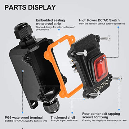 Waterproof On Off Toggle Switch Double Outlet with Red Light Rocker Button Inline Cord Switch DPST AC/DC 20A-125V,16A-250V,30A-24V,35A-12V, IP66 - color: Red/1 Switch/2 Outlet