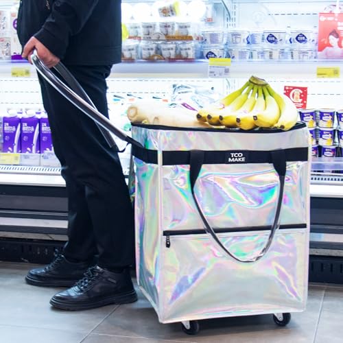 Medium Phantom White Reusable Grocery Bag on Wheels, Folding Rolling Tote - color: Phantom White, size: Medium