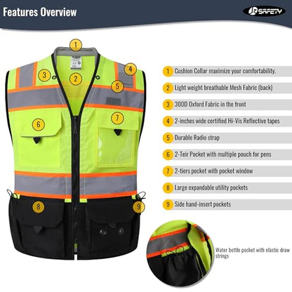 JKSafety Hi-Vis Unisex Surveyor Safety Vest Heavy Duty PPE Inner Pockets ANSI/ISEA Compliant - color: 188-yellowblack, size: Large