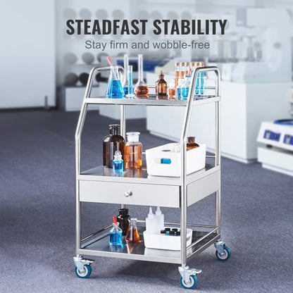 VEVOR Stainless Steel Utility Cart with 3 Shelves & 1 Drawer, 360 Swivel Casters, 220lbs Capacity - style: 3 Shelves/ 1 Drawer