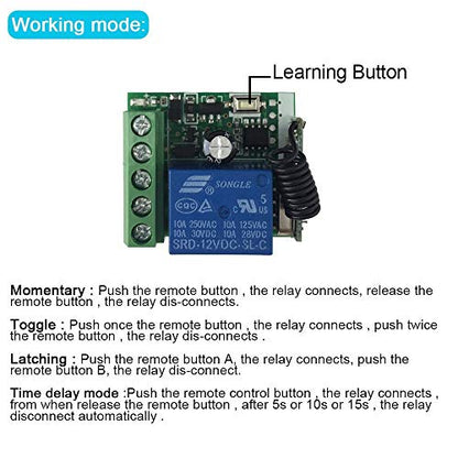 QIACHIP DC 12V 1CH 433Mhz RF Wireless Relay Remote Control Light Momentary Switch Transmitter with Receiver (1 Relay) - color: KR1201B_1