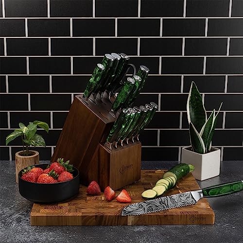 SENKEN Engraved Japanese Kitchen Knife Set with Beautiful Green Resin Wood Handles - Wasabi Collection - Chef's Knife, Bread, Cleaver, Paring, & More (16-Piece Knife Block Set) - size: 16-Piece Knife Block Set