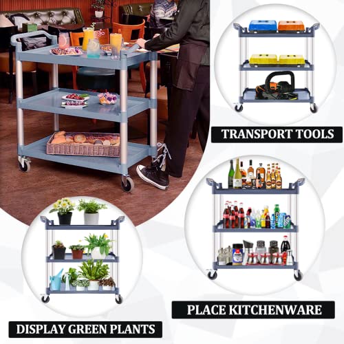 Plastic Utility Carts with Wheels, 3-Tier Large Size Restaurant Food Cart, Heavy Duty 600lbs Capacity Rolling Service Cart w/Hammer for Commercial, Kitchen, Office (Lockable Wheels, L-Grey)