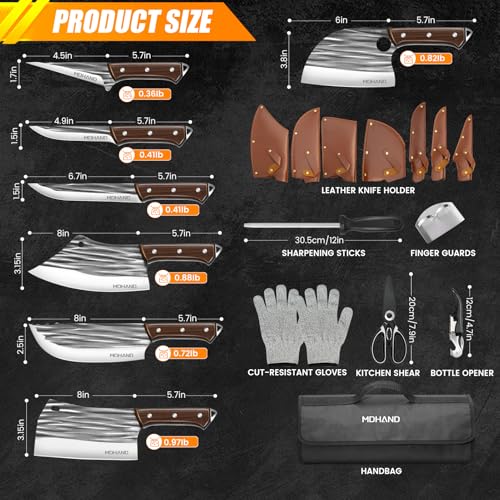 MDHAND Butcher Knife Set, Hand Forged Kitchen Chef Knife Set with Roll Bag - size: 14PCS Stripe Butcher Knife Set