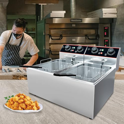 Commercial Deep Fryer with Basket, 12L Electricity Countertop Fryer Stainless Steel, 1800W Professional Food Fryer with Thermostat for Restaurant & Home, Large Capacity 12.7QT Oil Fryer, 120V - size: 8L double cylinder double screen
