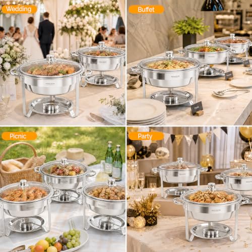 ROVSUN 5 Qt 4 Pack Chafing Dishes for Buffet, Stainless Steel Round Chafers for Catering, Buffet Servers and Warmers Set with Glass Lid & Lid Holder, Stackable Design for Wedding Party Event - size: 4 Pack