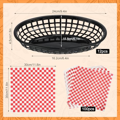 Rainmae Plastic Food Baskets with Deli Liners, 12 Fast Food Baskets, Oval Tray and Liners Reusable Chip Basket for Burgers, Sandwiches, Snacks, Candy Fruits, Restaurant Tray - Red Style - color: Black(12 Pcs+100 Red Deli Paper）