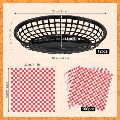 Rainmae Plastic Food Baskets with Deli Liners, 12 Fast Food Baskets, Oval Tray and Liners Reusable Chip Basket for Burgers, Sandwiches, Snacks, Candy Fruits, Restaurant Tray - Red Style - color: Black(12 Pcs+100 Red Deli Paper）