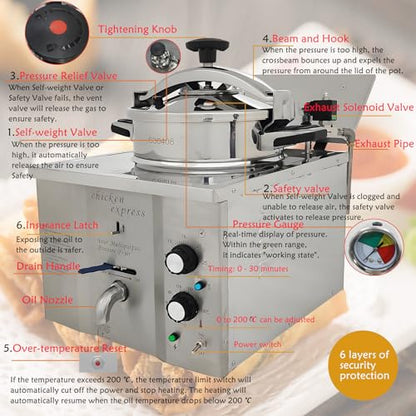 16L Electric Pressure Fryer,110V High-Pressure Chicken Fryer with Safety Features,Stainless Steel Healthy Countertop Deep Fryer for Crispy Fried Delicacies, Commercial-Grade Food Oven
