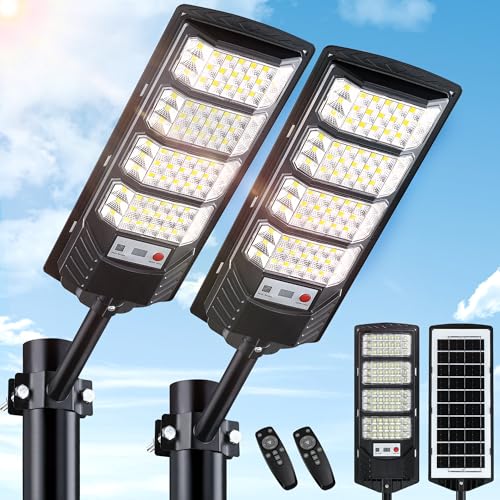 Yusist 2 Pack Solar Street Lights Outdoor Waterproof,6500K LED Motion Sensor Lights,Dusk to Dawn Solar Flood Lights with Remote,Parking Lot Light,Commercial Area Lighting for Outside - size: 2 Pack