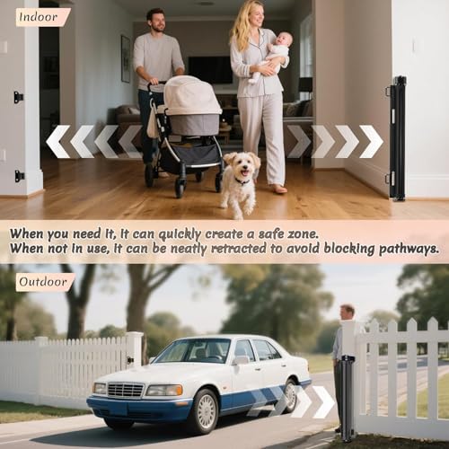 Miumoon 100 inch Reinforced Retractable Baby Gates 34 inch Tall - color: Black, size: 34" Tall x 100" Wide